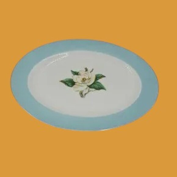 MCM VTG Homer Laughlin Lifetime China Turquoise Magnolia Pattern Oval Platter - Picture 5 of 8